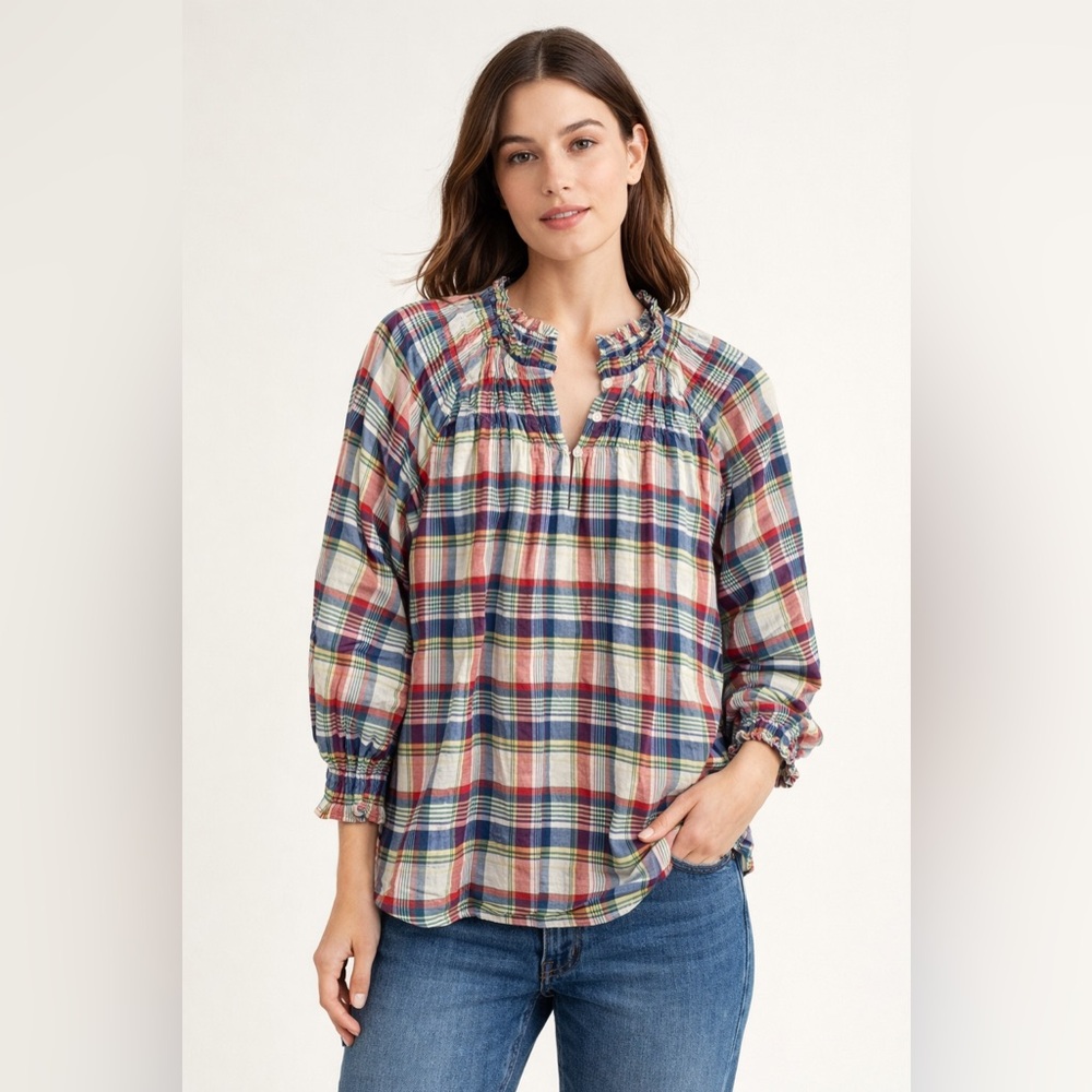 Brooks Brothers Multicolor Plaid Ruffled Yoke Blouse